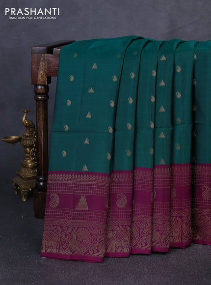 Kanchipuram soft silk saree green and magenta pink with allover zari checks & buttas and long zari woven border