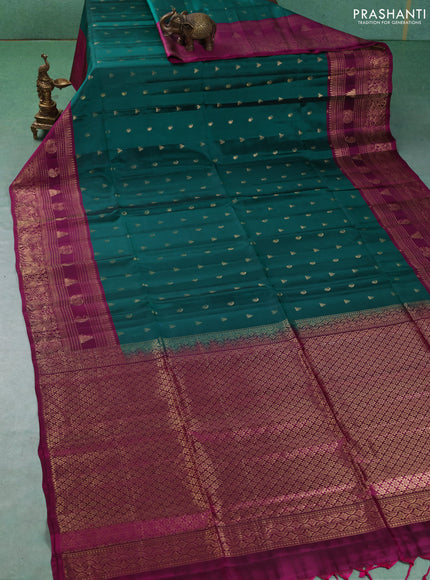 Kanchipuram soft silk saree green and magenta pink with allover zari checks & buttas and long zari woven border