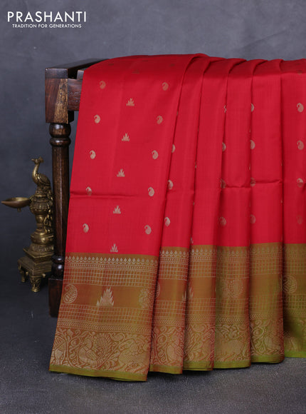 Kanchipuram soft silk saree red and dual shade of greenish red with allover zari checks & buttas and long zari woven border