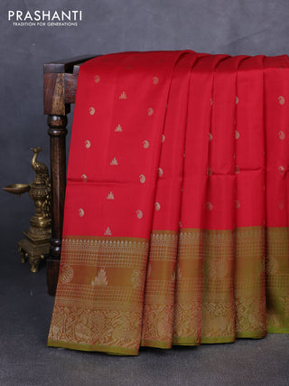 Kanchipuram soft silk saree red and dual shade of greenish red with allover zari checks & buttas and long zari woven border