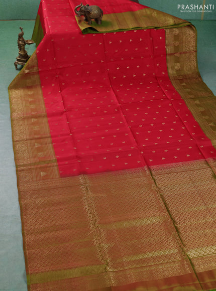 Kanchipuram soft silk saree red and dual shade of greenish red with allover zari checks & buttas and long zari woven border