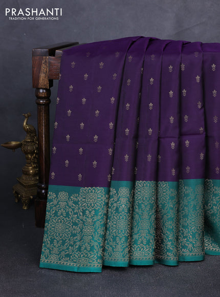 Kanchipuram soft silk saree deep violet and peacock green with allover zari woven buttas and long zari woven border