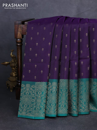 Kanchipuram soft silk saree deep violet and peacock green with allover zari woven buttas and long zari woven border