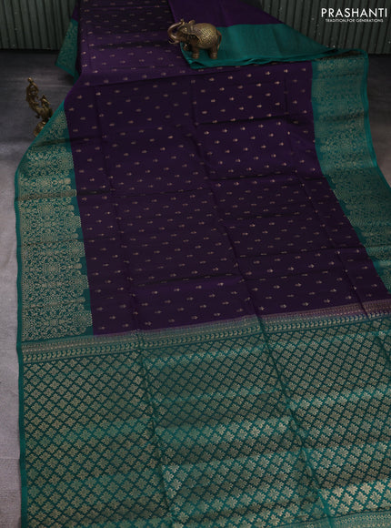 Kanchipuram soft silk saree deep violet and peacock green with allover zari woven buttas and long zari woven border