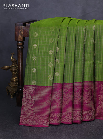 Kanchipuram soft silk saree light green and magenta pink with allover zari checks & buttas and long zari woven border