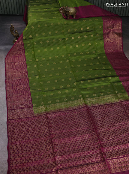 Kanchipuram soft silk saree light green and magenta pink with allover zari checks & buttas and long zari woven border