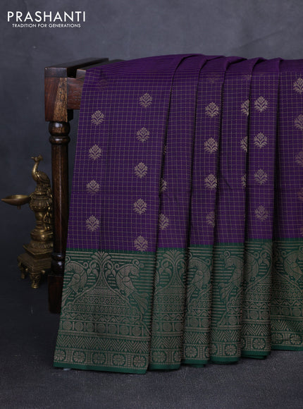 Kanchipuram soft silk saree violet and green with allover zari checks & buttas and long zari woven border