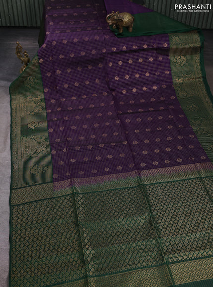 Kanchipuram soft silk saree violet and green with allover zari checks & buttas and long zari woven border