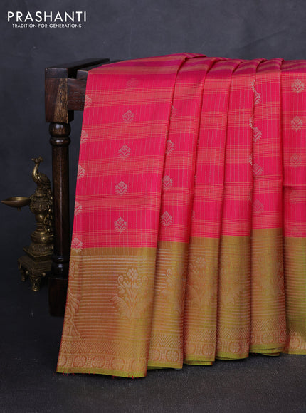 Kanchipuram soft silk saree pink and dual shade of greenish pink with allover zari checks & buttas and long zari woven border