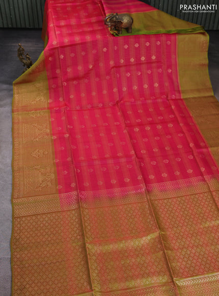 Kanchipuram soft silk saree pink and dual shade of greenish pink with allover zari checks & buttas and long zari woven border