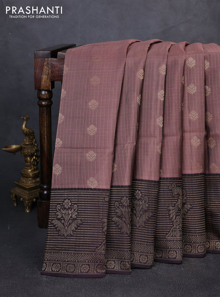 Kanchipuram soft silk saree rosy brown and black with allover zari checks & buttas and long zari woven border