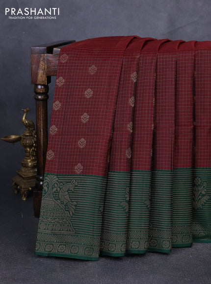 Kanchipuram soft silk saree deep maroon and green with allover zari checks & buttas and long zari woven border