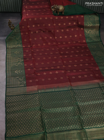Kanchipuram soft silk saree deep maroon and green with allover zari checks & buttas and long zari woven border