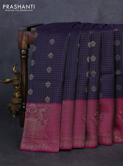 Kanchipuram soft silk saree navy blue and magenta pink with allover zari checks & buttas and long zari woven border