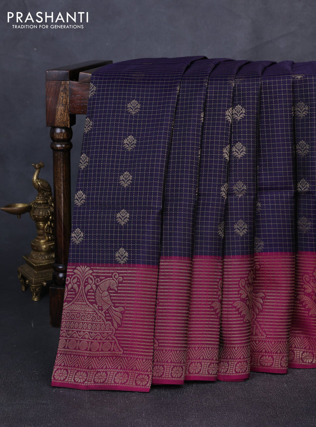 Kanchipuram soft silk saree navy blue and magenta pink with allover zari checks & buttas and long zari woven border