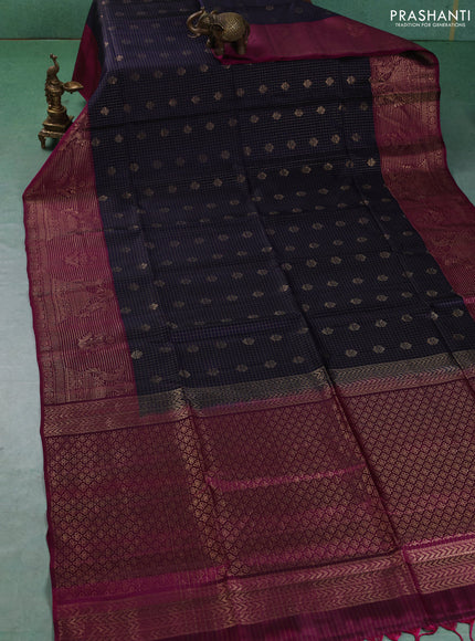Kanchipuram soft silk saree navy blue and magenta pink with allover zari checks & buttas and long zari woven border