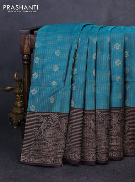 Kanchipuram soft silk saree teal blue and dark coffee brown with allover zari checks & buttas and long zari woven border