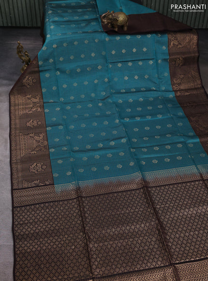 Kanchipuram soft silk saree teal blue and dark coffee brown with allover zari checks & buttas and long zari woven border