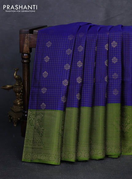 Kanchipuram soft silk saree blue and green with allover zari checks & buttas and long zari woven border