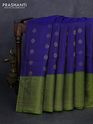 Kanchipuram soft silk saree blue and green with allover zari checks & buttas and long zari woven border