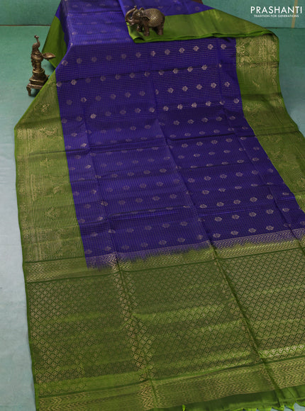 Kanchipuram soft silk saree blue and green with allover zari checks & buttas and long zari woven border