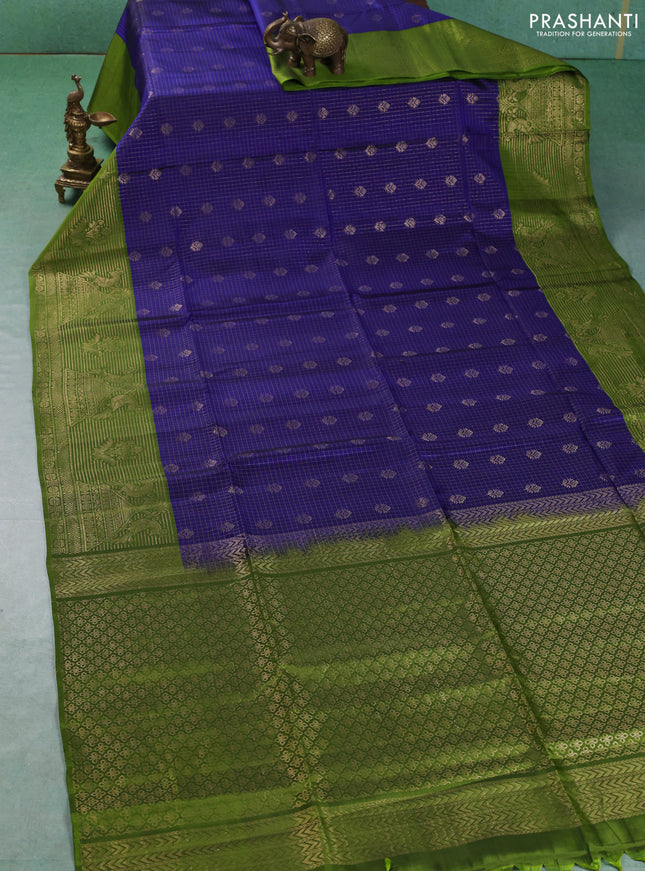 Kanchipuram soft silk saree blue and green with allover zari checks & buttas and long zari woven border