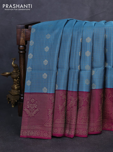 Kanchipuram soft silk saree pastel blue and dark magenta pink with allover zari checks & buttas and long zari woven border