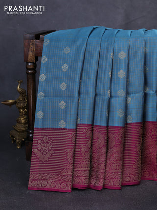 Kanchipuram soft silk saree pastel blue and dark magenta pink with allover zari checks & buttas and long zari woven border