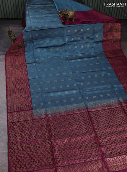 Kanchipuram soft silk saree pastel blue and dark magenta pink with allover zari checks & buttas and long zari woven border