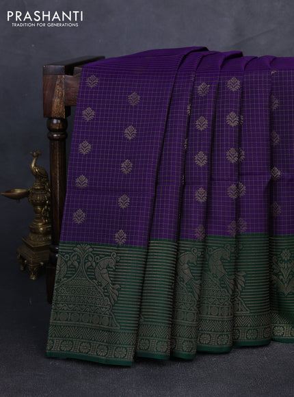 Kanchipuram soft silk saree violet and green with allover zari checks & buttas and long zari woven border