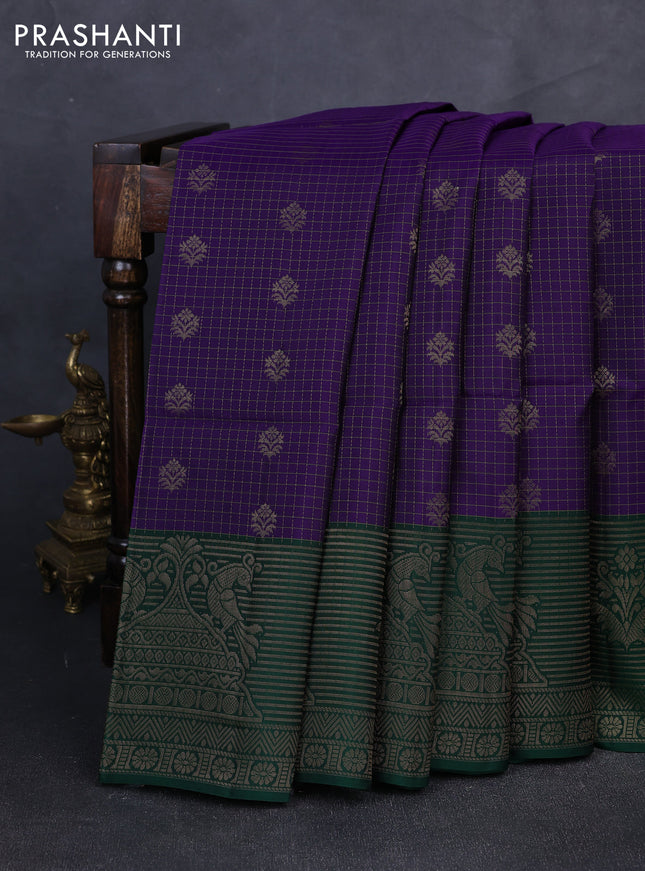 Kanchipuram soft silk saree violet and green with allover zari checks & buttas and long zari woven border