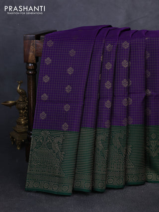 Kanchipuram soft silk saree violet and green with allover zari checks & buttas and long zari woven border