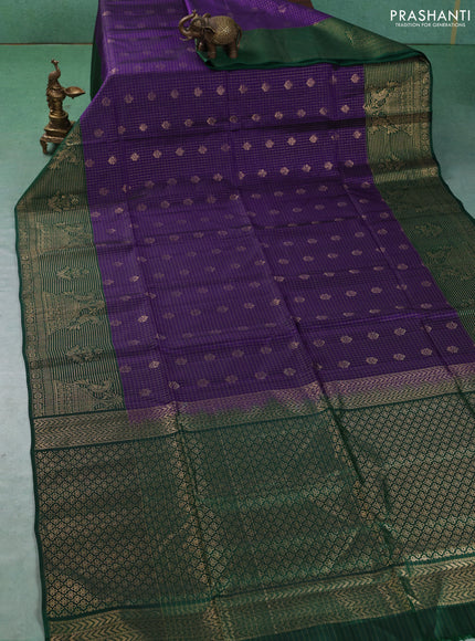 Kanchipuram soft silk saree violet and green with allover zari checks & buttas and long zari woven border
