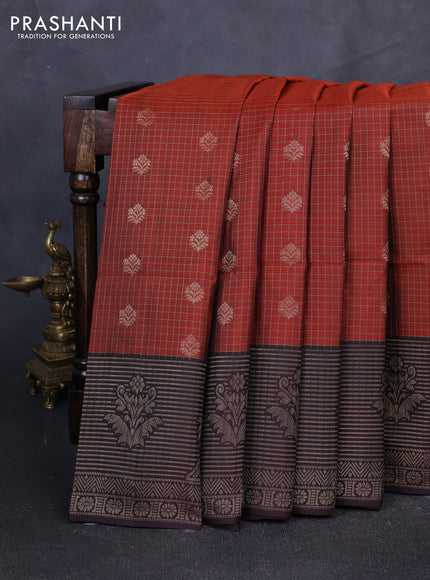 Kanchipuram soft silk saree rust shade and coffee brown with allover zari checks & buttas and long zari woven border