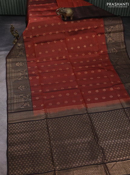 Kanchipuram soft silk saree rust shade and coffee brown with allover zari checks & buttas and long zari woven border