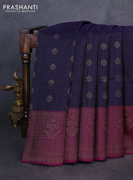 Kanchipuram soft silk saree navy blue and magenta pink with allover zari checks & buttas and long zari woven border