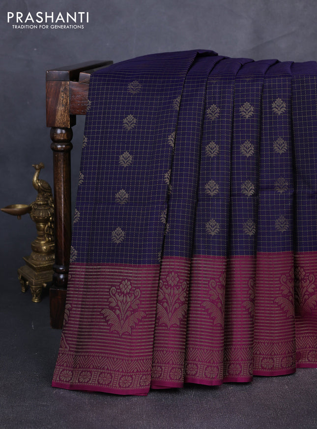 Kanchipuram soft silk saree navy blue and magenta pink with allover zari checks & buttas and long zari woven border