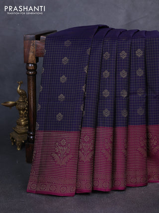 Kanchipuram soft silk saree navy blue and magenta pink with allover zari checks & buttas and long zari woven border