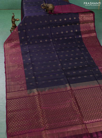 Kanchipuram soft silk saree navy blue and magenta pink with allover zari checks & buttas and long zari woven border