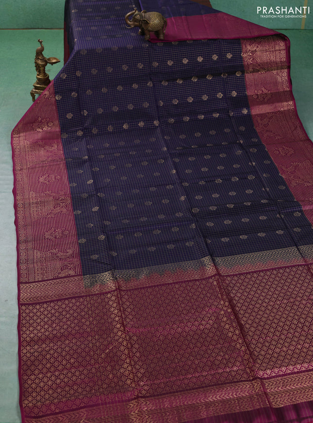 Kanchipuram soft silk saree navy blue and magenta pink with allover zari checks & buttas and long zari woven border
