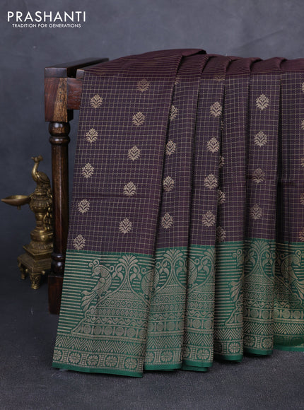 Kanchipuram soft silk saree black and green with allover zari checks & buttas and long zari woven border