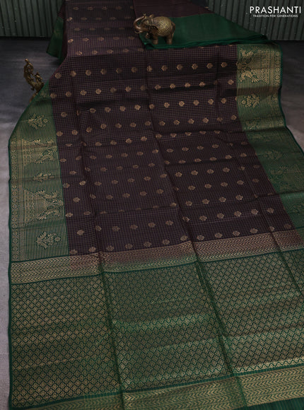 Kanchipuram soft silk saree black and green with allover zari checks & buttas and long zari woven border