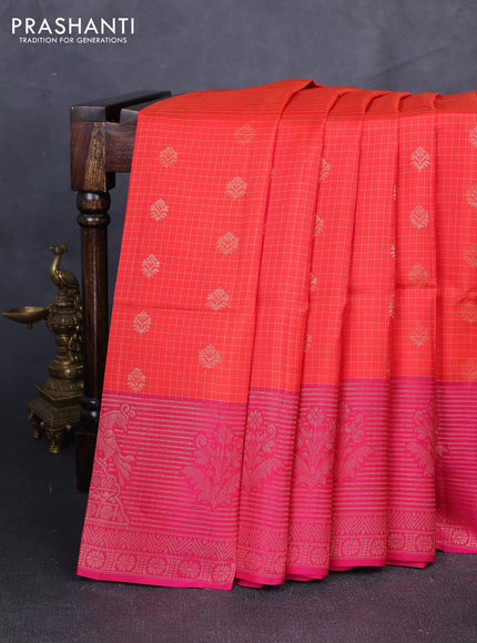 Kanchipuram soft silk saree reddish orange and pink with allover zari checks & buttas and long zari woven border