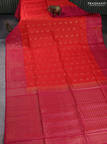 Kanchipuram soft silk saree reddish orange and pink with allover zari checks & buttas and long zari woven border