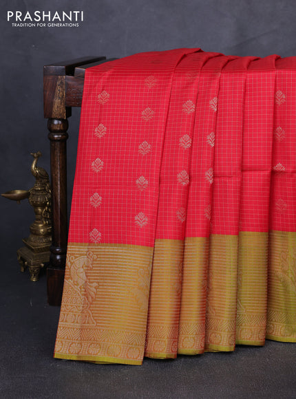 Kanchipuram soft silk saree red and dual shade of greenish red with allover zari checks & buttas and long zari woven border