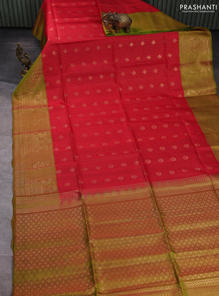 Kanchipuram soft silk saree red and dual shade of greenish red with allover zari checks & buttas and long zari woven border