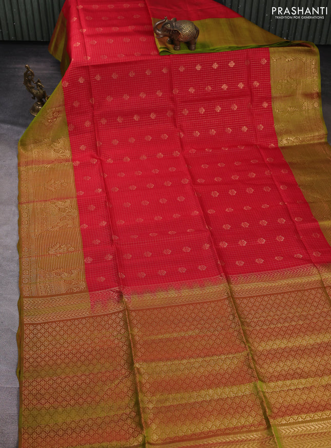Kanchipuram soft silk saree red and dual shade of greenish red with allover zari checks & buttas and long zari woven border