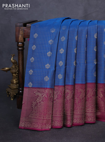 Kanchipuram soft silk saree cs blue and pink with allover zari checks & buttas and long zari woven border