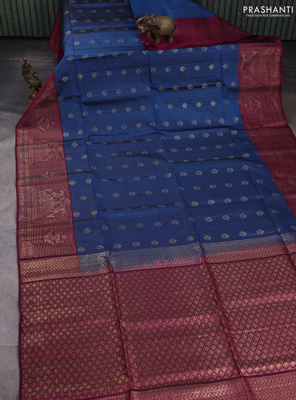Kanchipuram soft silk saree cs blue and pink with allover zari checks & buttas and long zari woven border