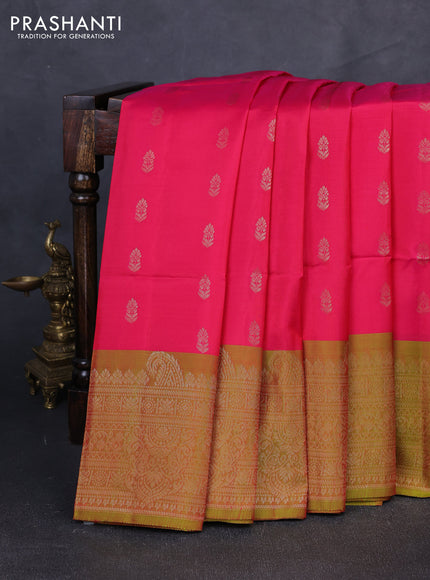 Kanchipuram soft silk saree pink and dual shade of greenish pink with allover zari woven buttas and long zari woven border